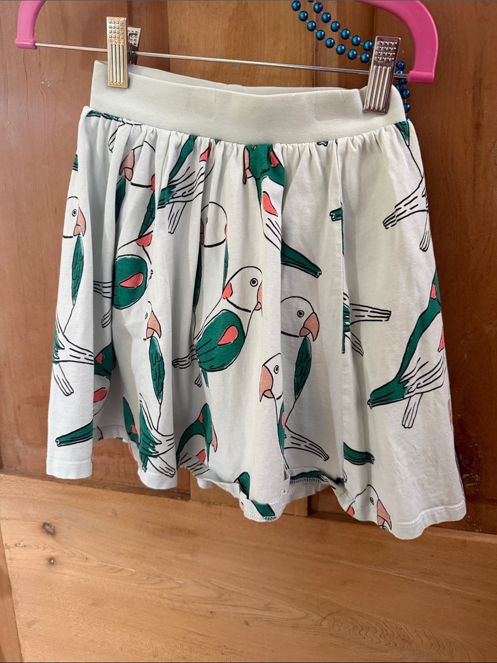 Tea Parrot Print Skirt with Green Accents